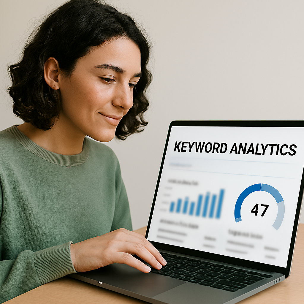 Lady infront of laptop analysing keywords for SEO optimisation