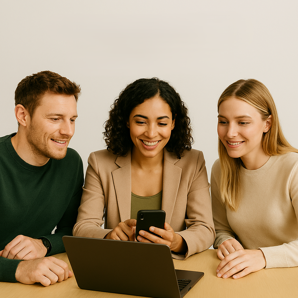 Three colleagues viewing marketing assets on various channels