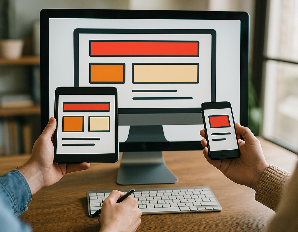 Webdesign with screen and two persons holding tablet and phone