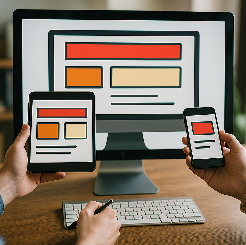 Webdesign with screen and two persons holding tablet and phone